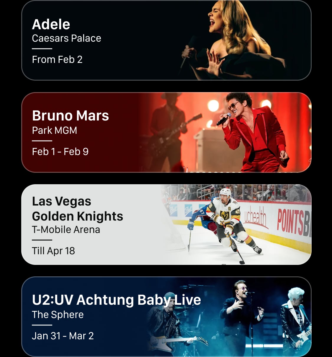 Major events: The Big Game, Adele, Bruno Mars, Las Vegas Golden Knights, U2:UV Achtung Baby Live